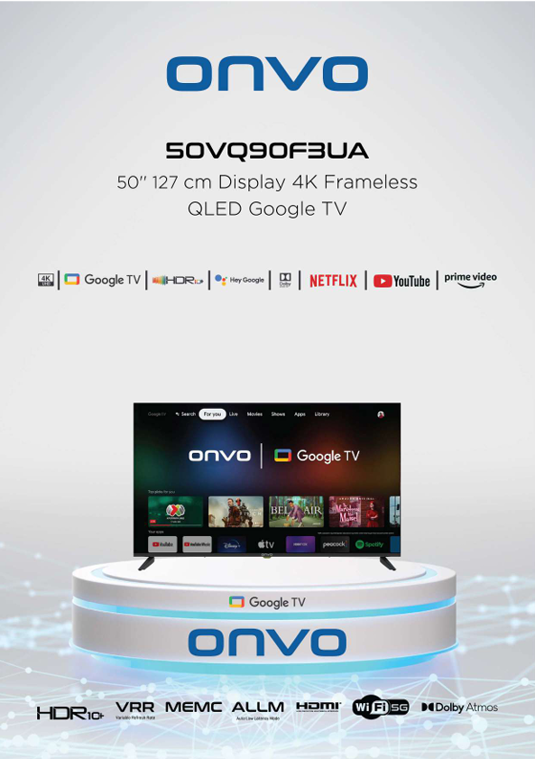Onvo 50 OV9000 UQ 50" 127 Ekran 4K Ultra HD Google Android 13 Smart QLED TV
