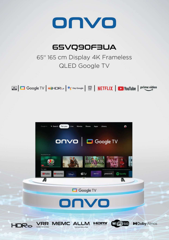 Onvo 65 OV9000UQ 65" 165 Ekran 4K Ultra HD Google TV Android 13 Smart QLED TV
