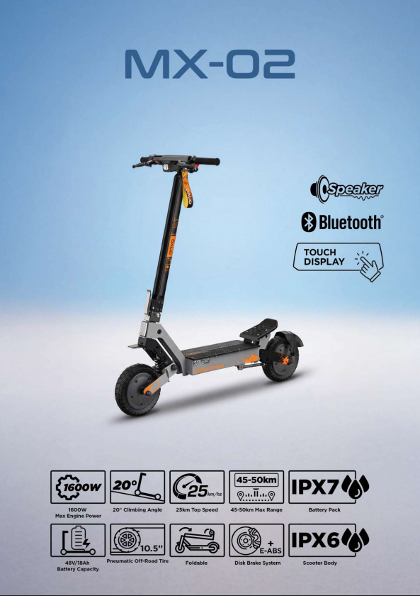Onvo OV MX 02 1600W Çift Motorlu 10" Bluetooth'lu Dijital Göstergeli Elektrikli Scooter