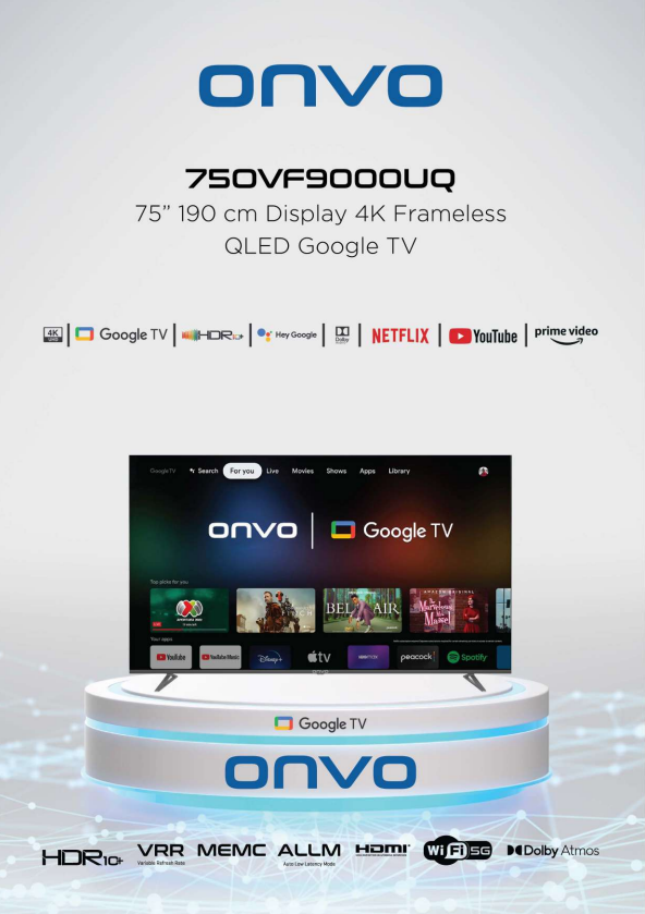 Onvo 75 OV9000UQ 75" 190 Ekran Premium Çerçevesiz 4K Ultra HD Google Android 13 Smart QLED TV