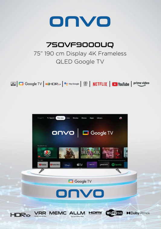 Onvo 75 OV9000UQ 75" 190 Ekran Premium Çerçevesiz 4K Ultra HD Google Android 13 Smart QLED TV