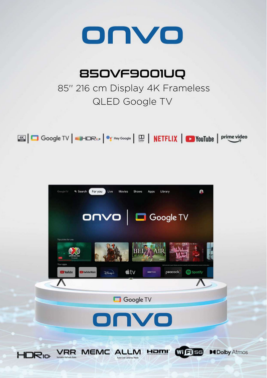 Onvo 85 OV9000U 85" 216 Ekran Dev 4K Ultra HD Google Android 13 Smart TV