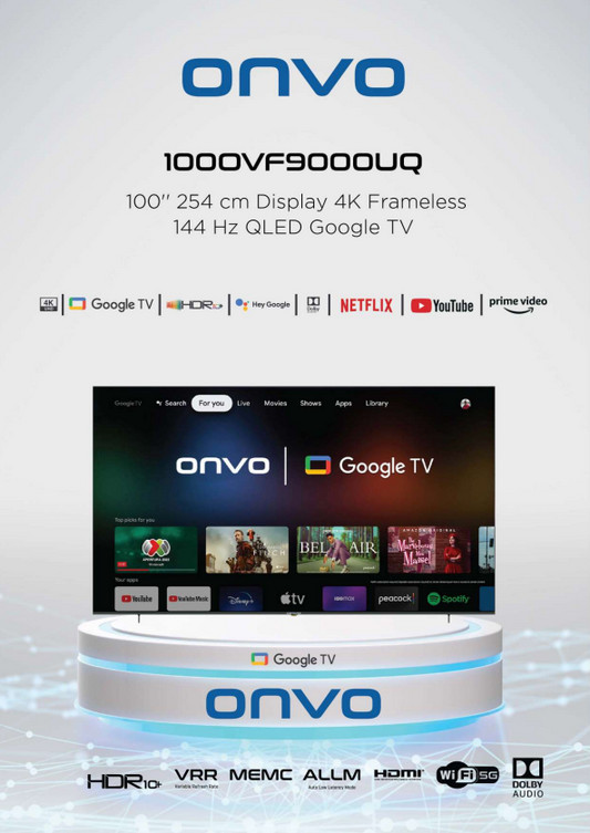 Onvo 100 OV9000UQ 100" 254 Ekran Çerçevesiz Sinematik 4K UHD Google Android 13 Smart QLED TV